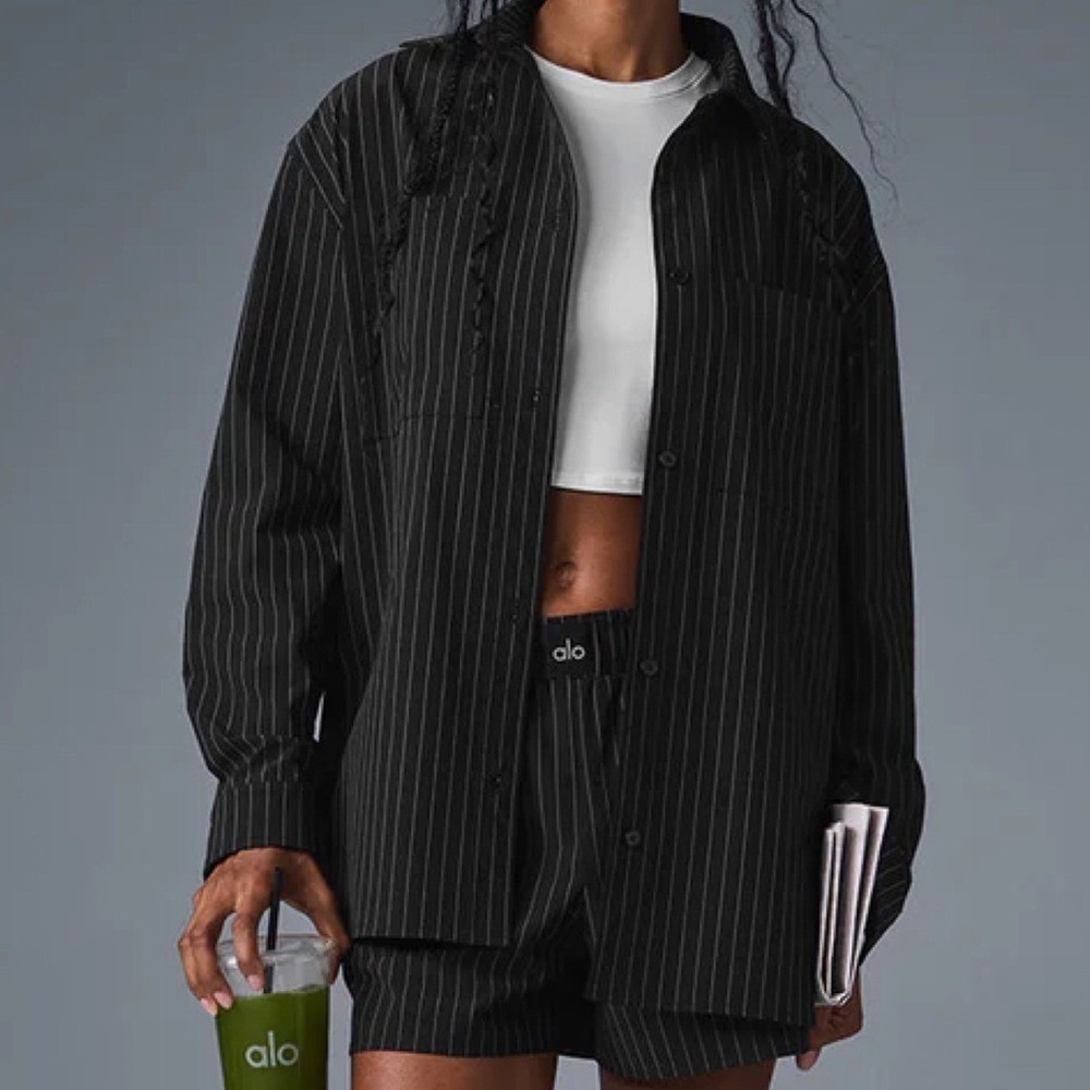 Alo Yoga Pinstripe Daylight Button Down Long Sleeve Black/Titanium XXS